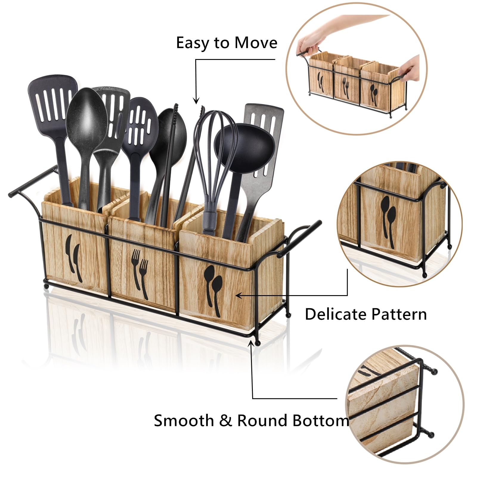 Soporte de utensilios de madera para fiestas, organizador grande de cubiertos de encimera con asa, 3 compartimentos desmontables, organizador de cocina con bandeja de metal para tenedor 4