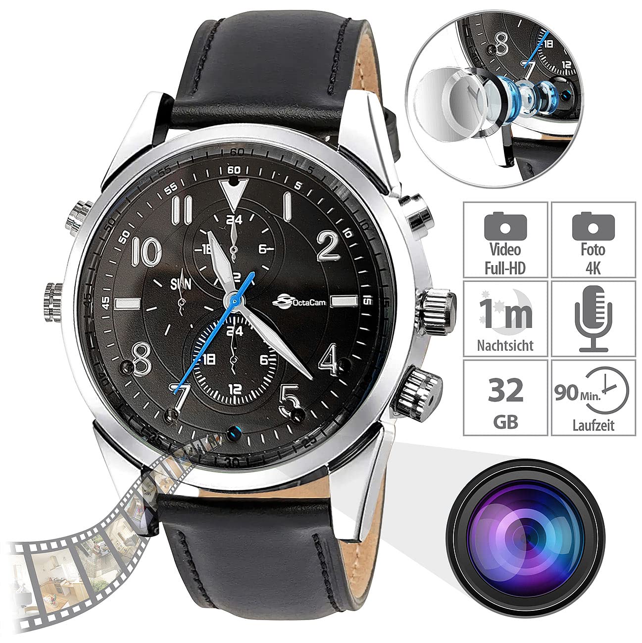 Mini caméra : Montre vidéo Full HD Vision Nocturne, Photos 4K, enregistreur Vocal, 32 Go (Montre d'appareil Photo)