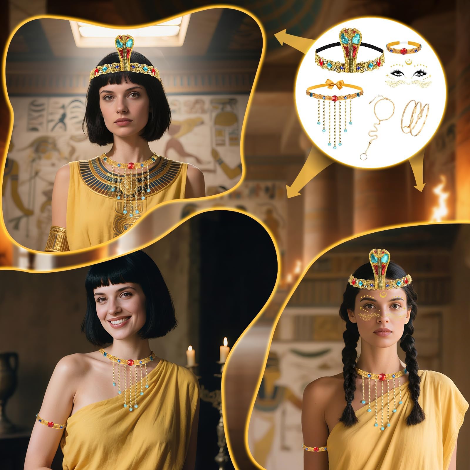 6Pcs Egyptian Costume Set for Women Cleopatra Fancy Dress Kit with Cobra Headpiece, Snake Armband, Tassel Necklace - Image 4