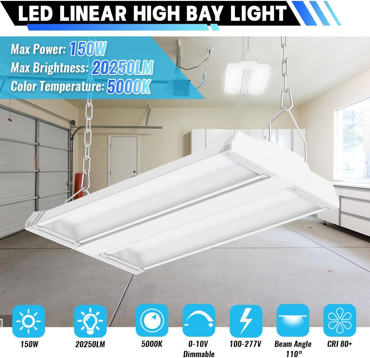 Allsmartlife LED Linear High Bay Light 4-Pack, 150W 20250LM 0-10V Dimmable 5000K Daylight, Adjustable Tilt Hanging LED High Bay Shop Lighting Fixtures for Garage Warehouse Workshop, ETL