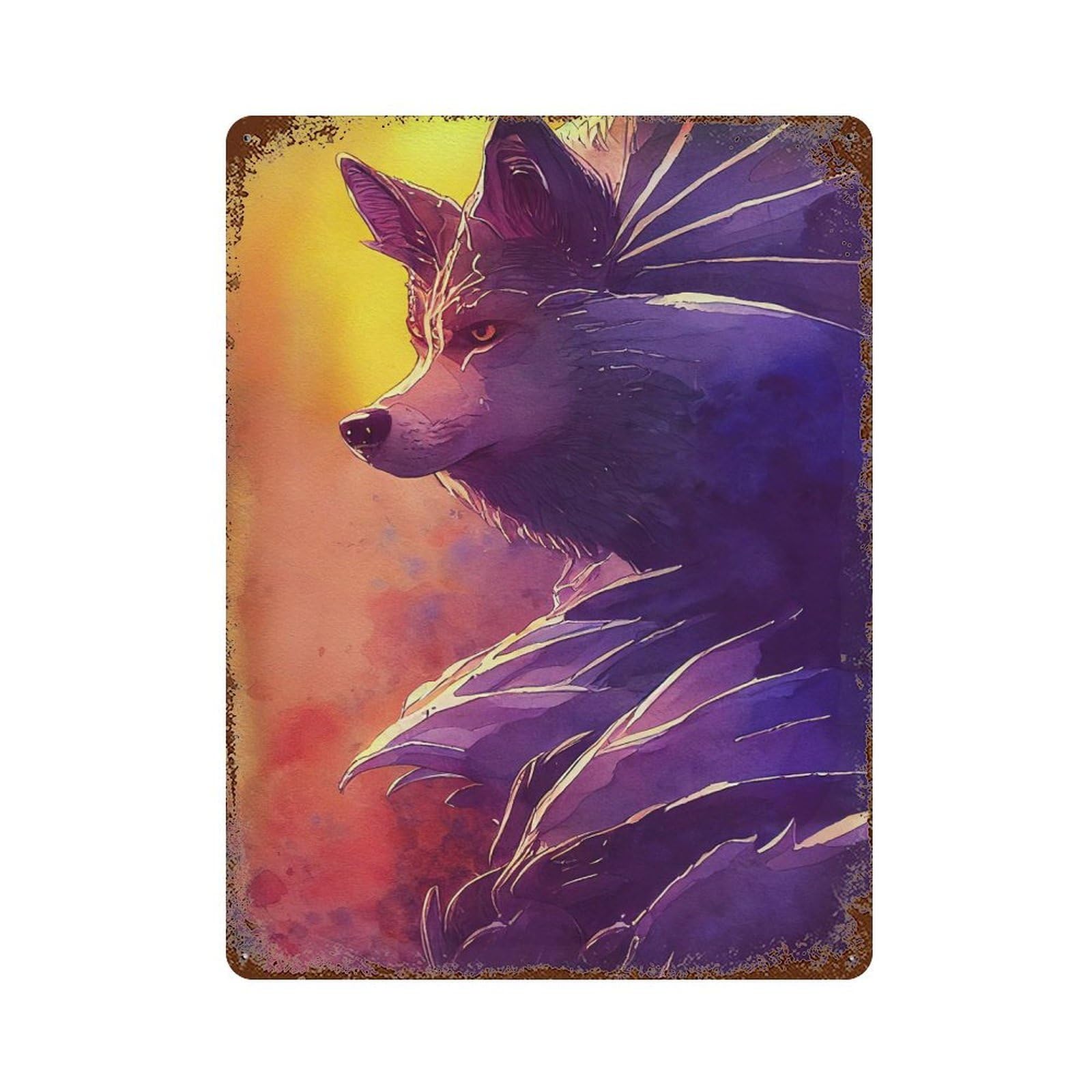 Rust Effect Watercolour Wolf Decorative Tin Sign 15.7"x11.8", Vintage Wall Decor for Farmhouse, Kitchen And Entryway Decor
