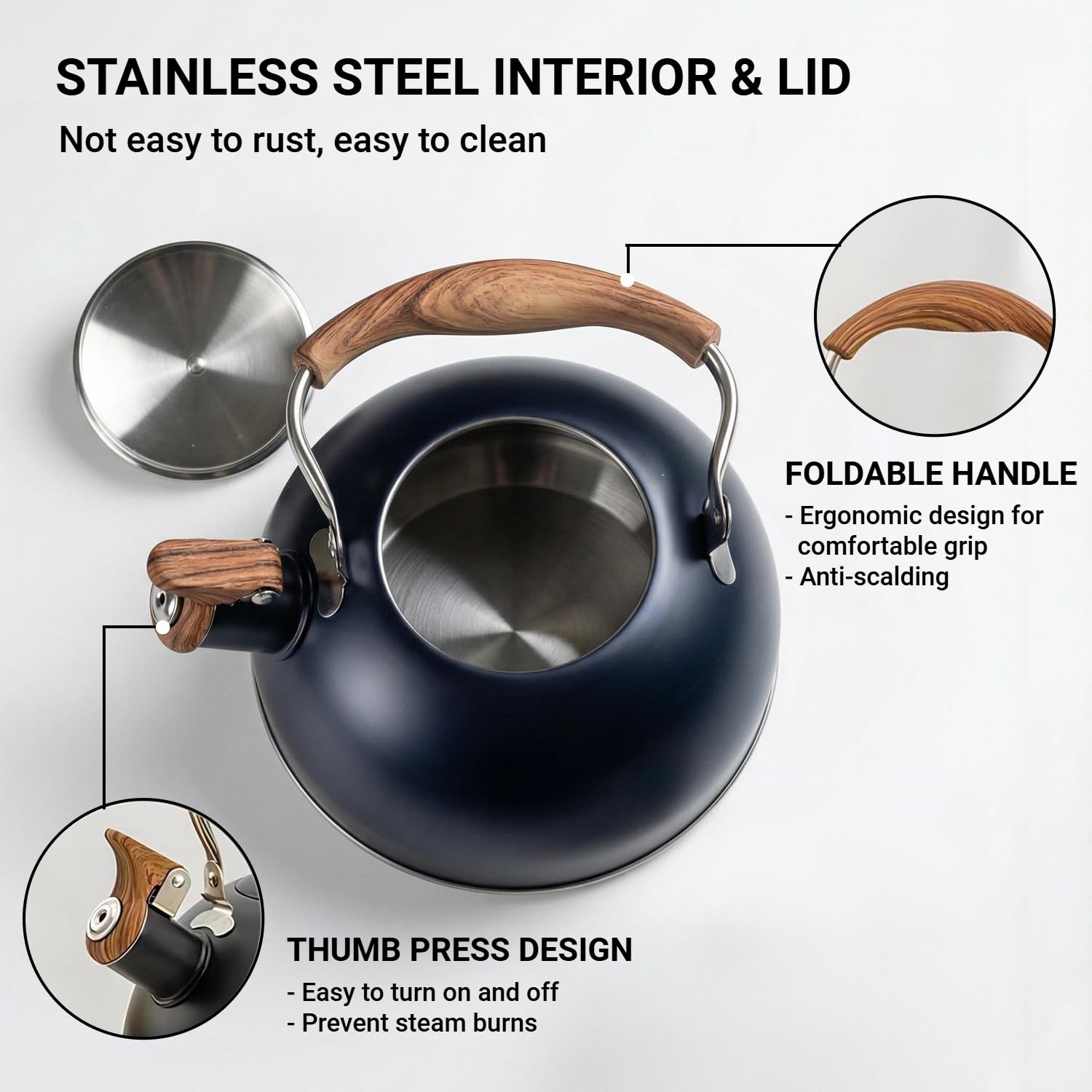 Hervidor silbante para estufa, tetera de acero inoxidable con mango plegable anticalor para estufa de gas, placa de inducción, 2,5 L (negro)