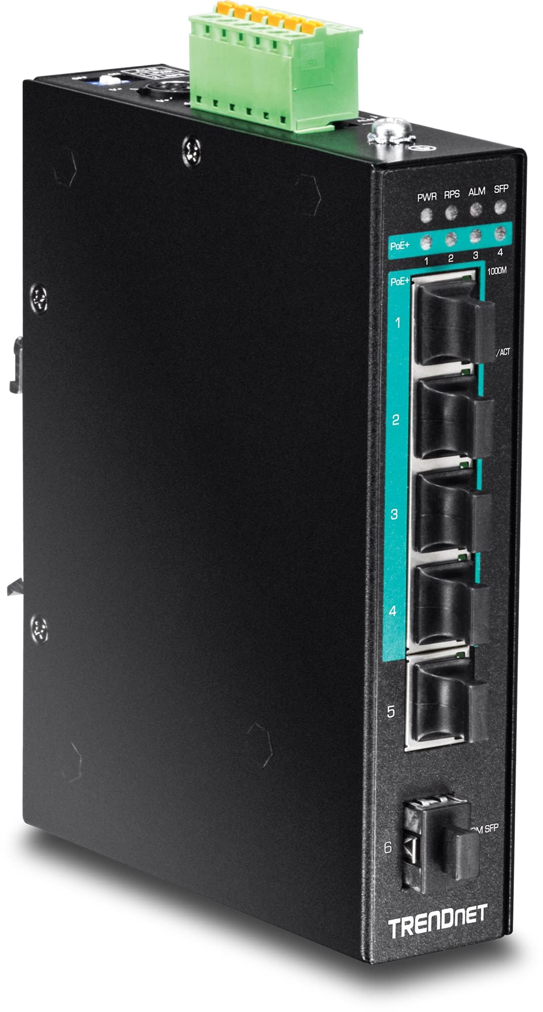 TRENDnet, TI-PG541, Switch industriale Gigabit PoE+ DIN-Rail a 5 porte rinforzato, budget di potenza di 120 W, 1 slot SFP, grado di protezione IP30