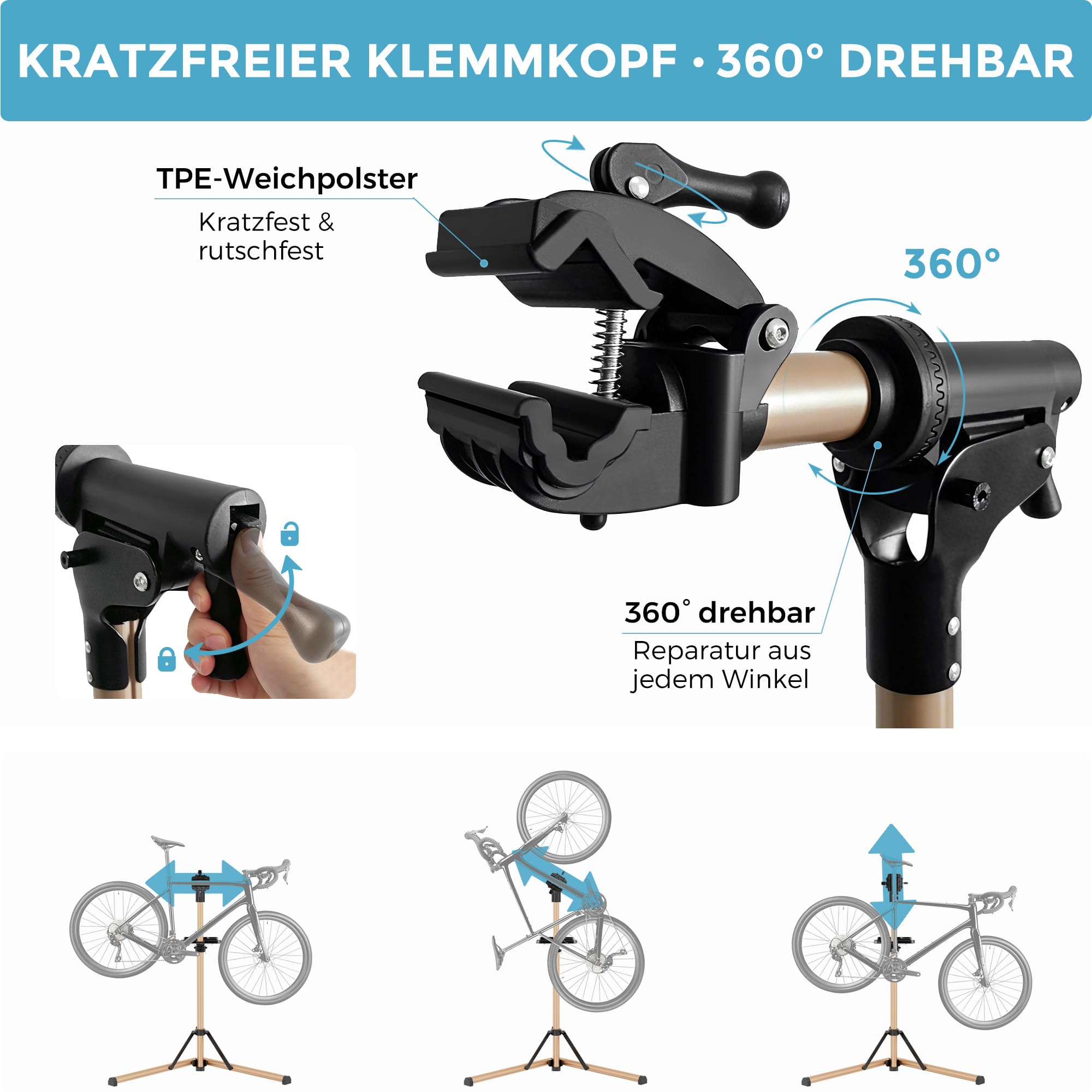 Fahrrad Reparaturständer Aluminium Montageständer, Vollständig Zusammenklappbar, Doppelsicherheitsverschluss, Platzsparend, Ultraleicht, Magnetische Werkzeugablage für E-Bike/Mountainbikes