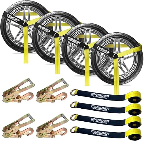 Cureder Correas de amarre de automóvil para remolques, paquete de 4 unidades de 2 x 96 pulgadas con correa para neumáticos de 3,300 libras de carga