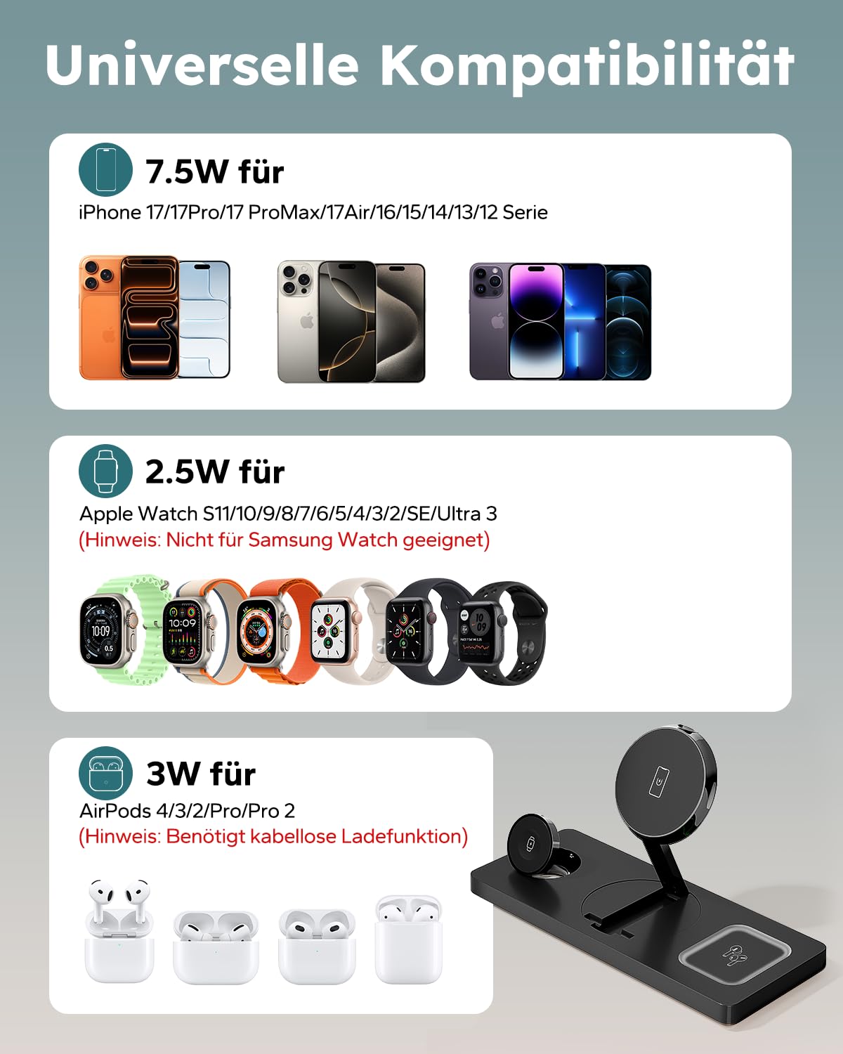 3 in 1 MagSafe Ladestation iPhone Apple Watch, Faltbar Induktive Ladestation Kompatibel mit MagSafe Ladegerät für iPhone 17/16/15/14/13/12, Apple Watch & AirPods (inkl. 20W Adapter) - Schwarz