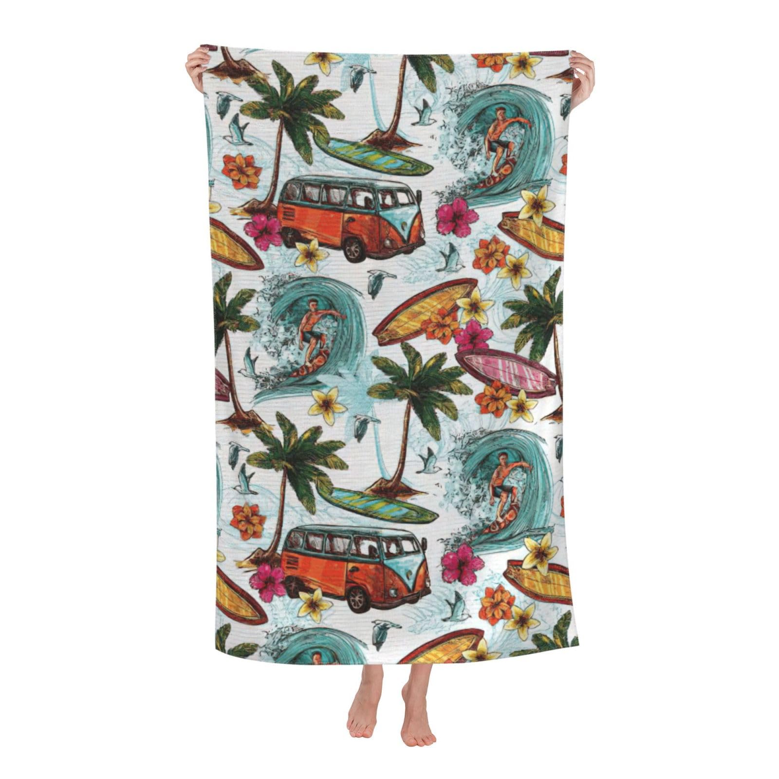 NImongt Hawaiian Surfer On Wavy Print Oversized Adult Beach Towel For Travel Weekend Getaways Festivals Camping Trips