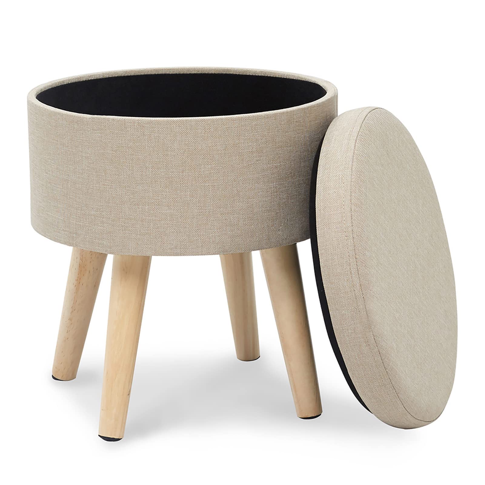 Ottoman de rangement en lin beige moderne avec pieds bois pour salon