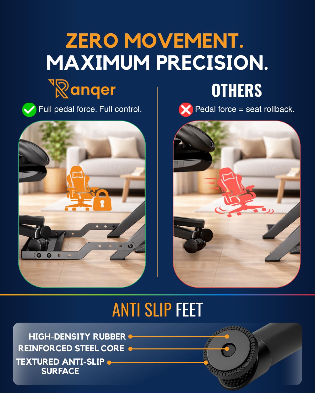 Ranqer Racing Wheel Stand Pro – składany stalowy stojak do kierownicy z regulacją wysokości i kąta, zintegrowanym mocowaniem fotela, kompatybilny z Logitech, Thrustmaster, Fanatec i Simagic – czarny