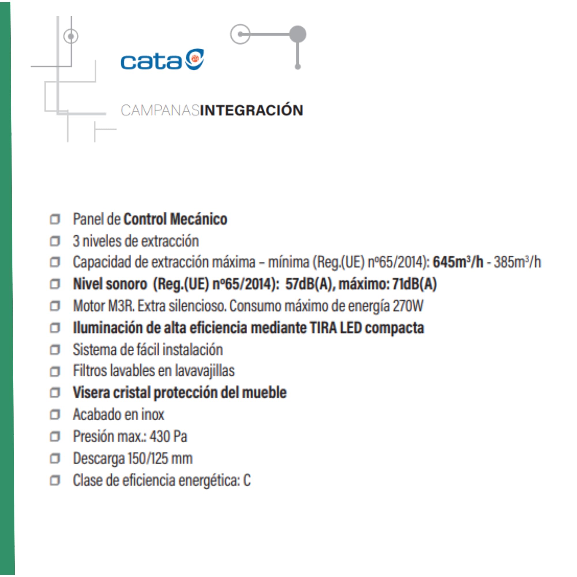 Cata Campana Extractora Integración Armonía 90 X con 3 niveles de extracción Panel de Control Mecánico Motor M3R Extra Silencioso Iluminación LED Visera Cristal Protección Ancho 82,1 cm Color Inox