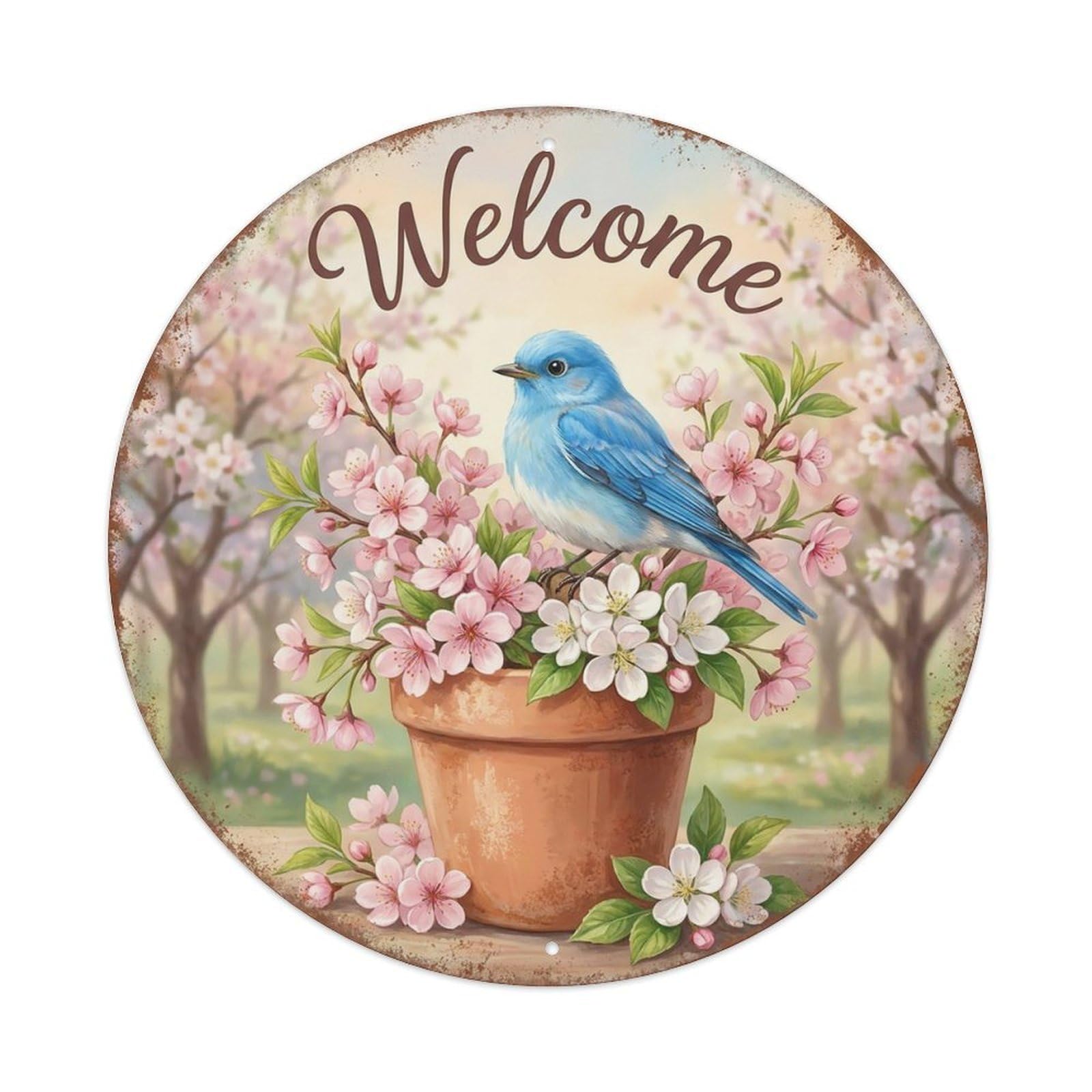 Welcome Bluebird Spring Blossoms Vintage Metal Tin Sign Plaque Wall Decor for Cafe, Club Bar, Office, Garden Metal Poster 8x8Inch