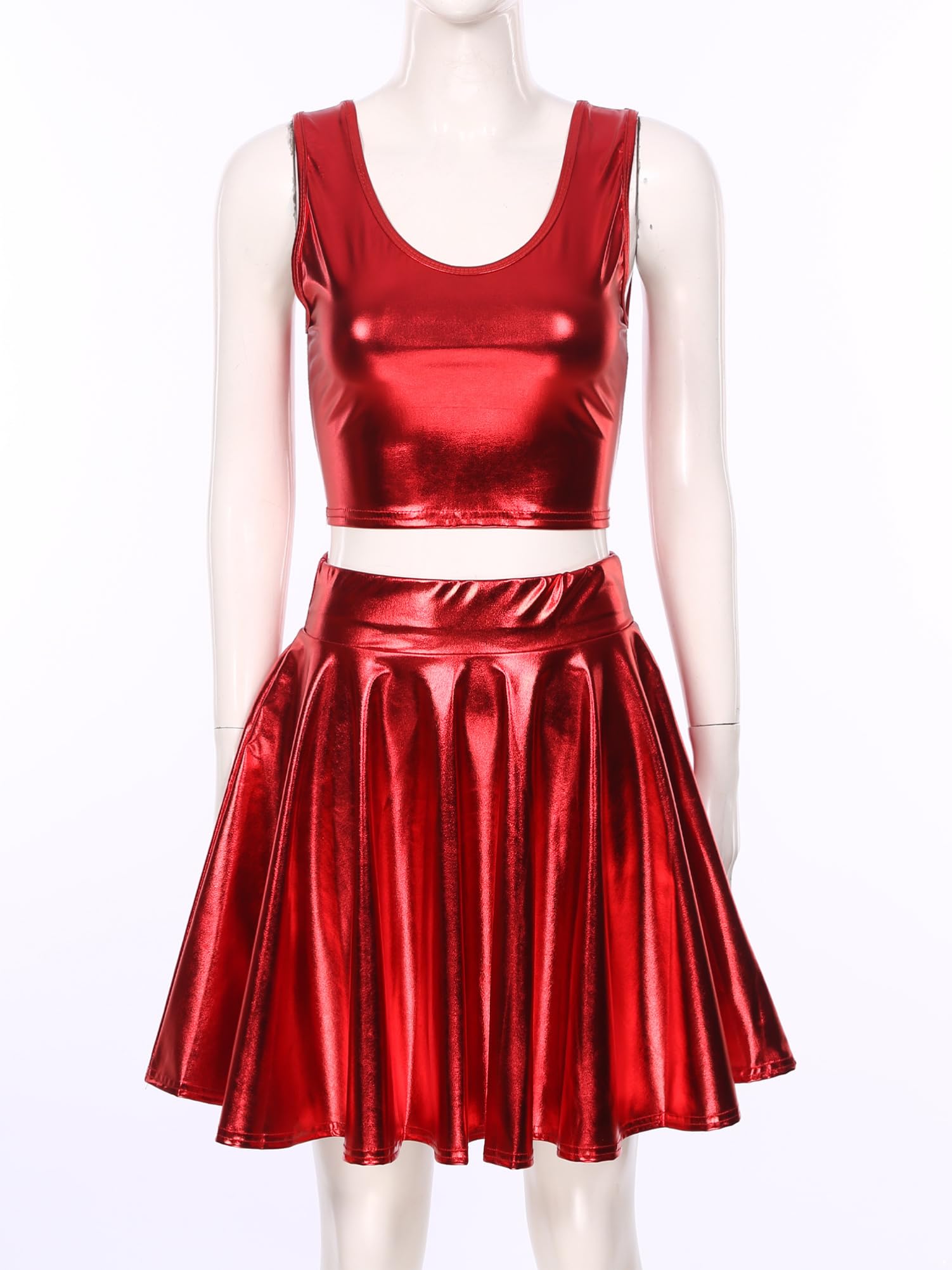 CHICTRY Tuta da Donna Lucida Metallizzata Crop Top Corto da Ballo Jazz Hip Hop + Gonna a Pieghe + Cerchietto per Cappelli Costume da Alieno per Carnevale Clubwear