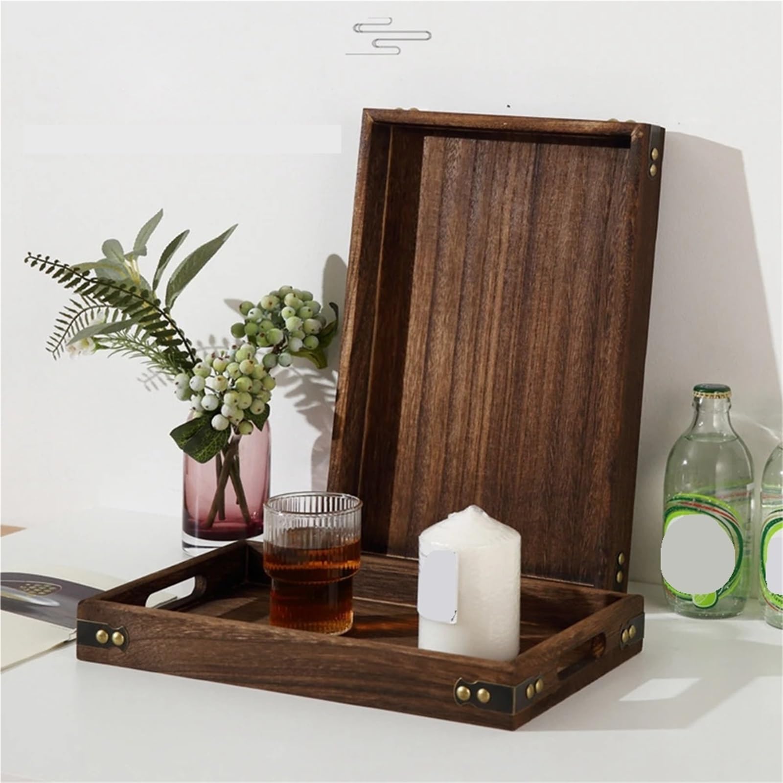 Bandeja rústica de Madera con asa, Rectangular, Multiusos, Ideal para té, café, Desayuno y centros de Mesa (36 x 24 x 4 cm).