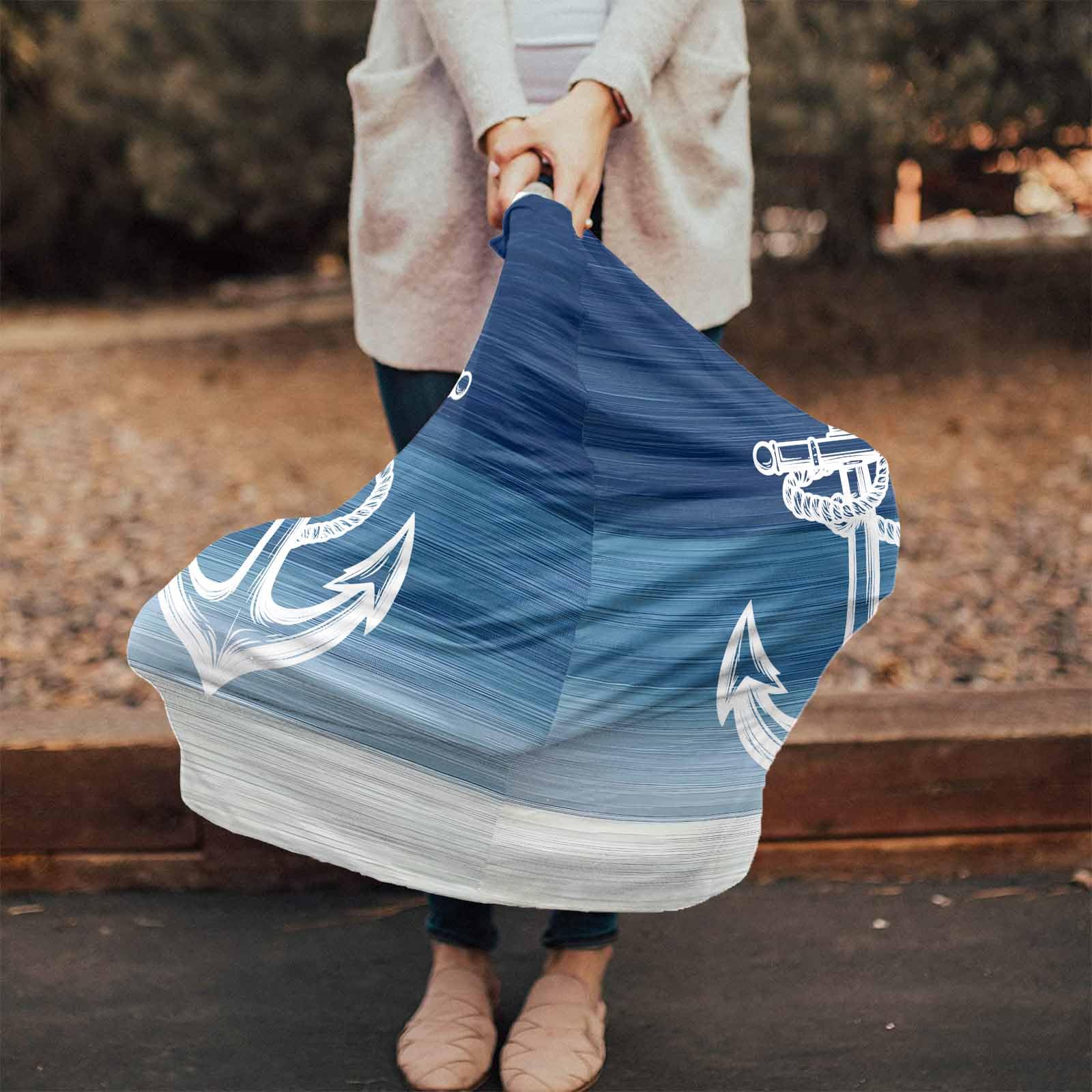 White Lines Summer Ocean Nursing Cover for Breastfeeding Scarf, Blue Ombre Nautical Baby Car Covers Super Soft Multi Use for Canopy Shopping Cart Cover Blanket Stroller Cover