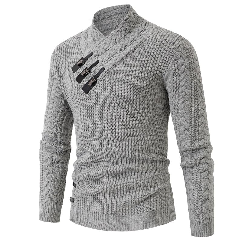 Men's Cable Knit Sweater, Asymmetrical Toggle Closure, Mock Neck Pullover，Shawl Collar Turtleneck Cable Knit Sweater