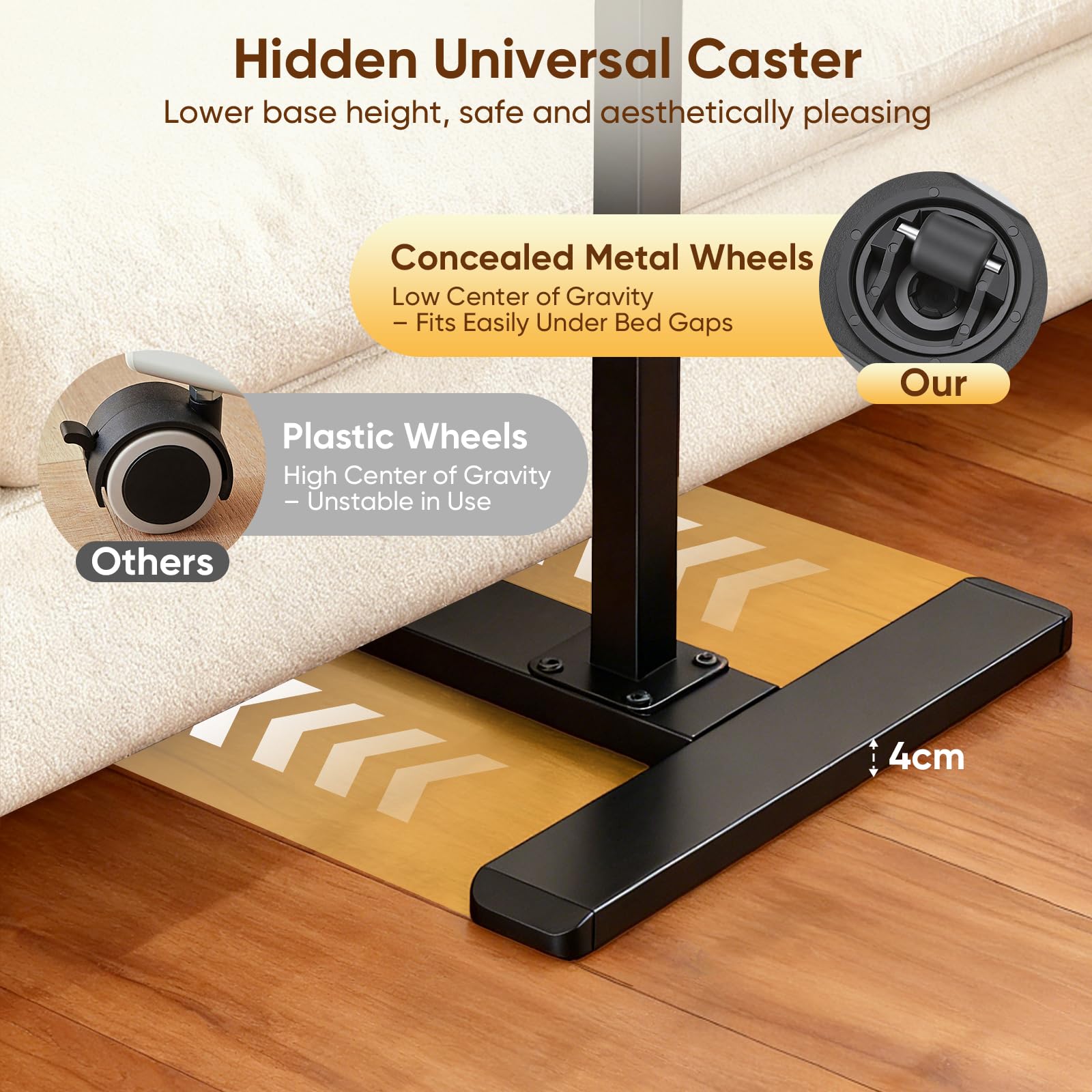 Tavolino a Forma C, Regolabile in Altezza 50-92 cm, Piano di 60 x 40 cm, Tavolo Mobile Girevole 360° in Noce, Tavolino da Divano Tavolino per Computer Portatile per Soggiorno, Camera da Letto, Letto d