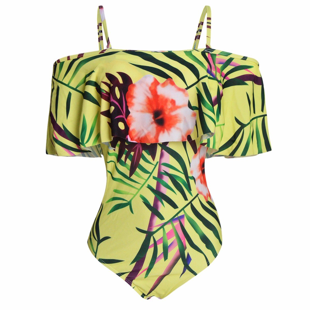 squaregarden One Piece Swimsuit for Women,Tropical Leaves Off Shoulder Flounce Ruffled Monokini Swimwear