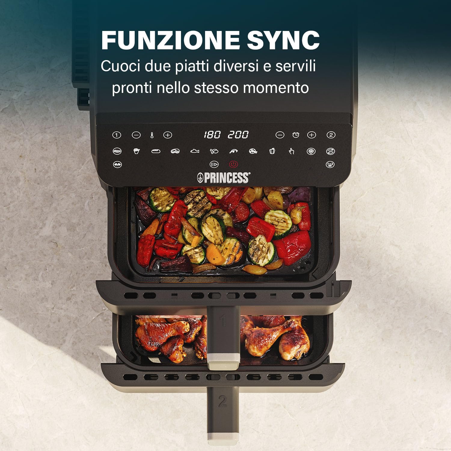 Princess Stack Friggitrice ad Aria, Doppia Friggitrice, 11,2 L, 3000 W, Design Verticale, Funzione Sync, Rivestimento senza PFAS, Nera, 01.182278.01.001