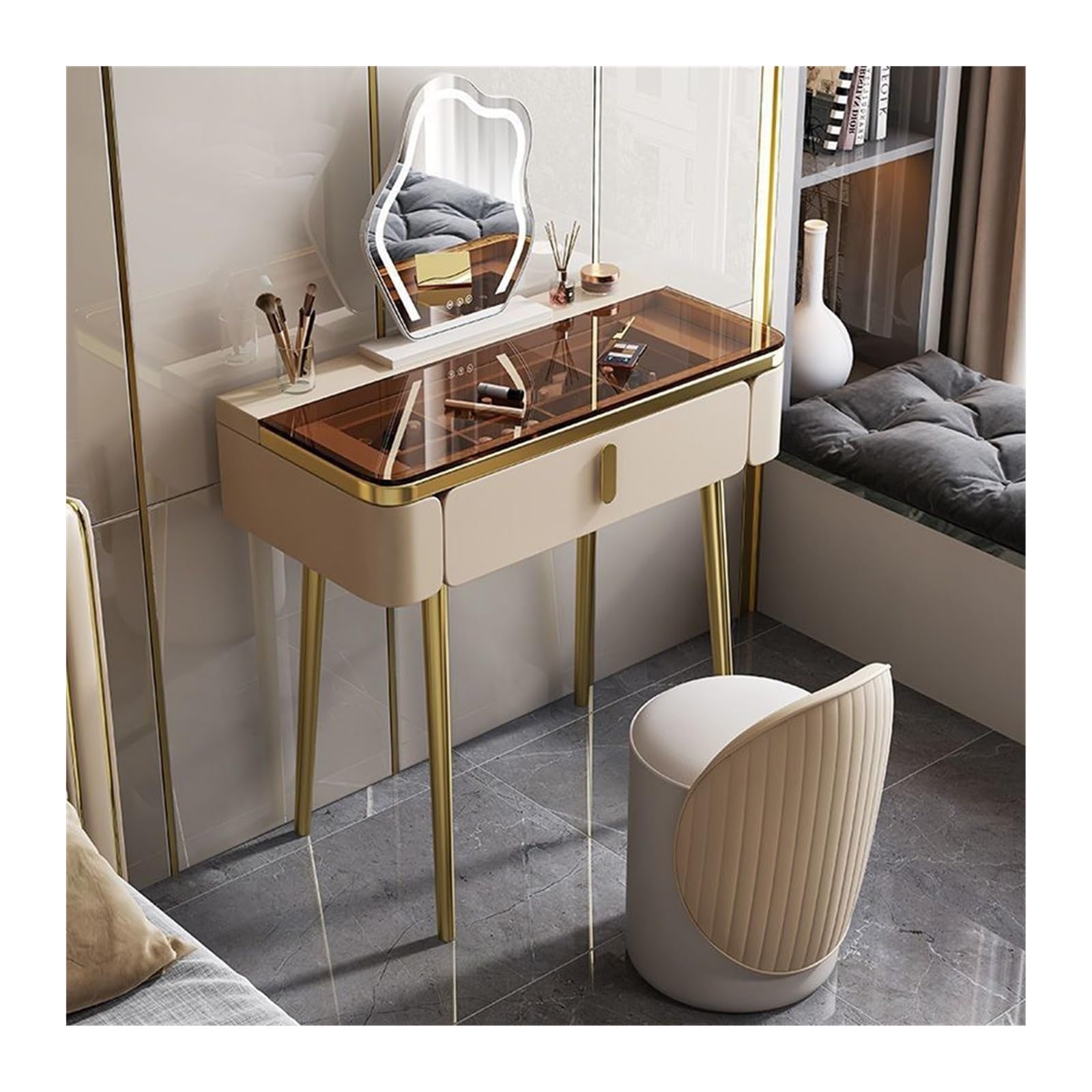 CGCSYZ Vanity Desk Makeup Vanity with Glam Glass Top Makeup Table with Mirror and Chair Vanity Desk with Metal Table Legs Makeup Dressing Table (Champagne 100cm)