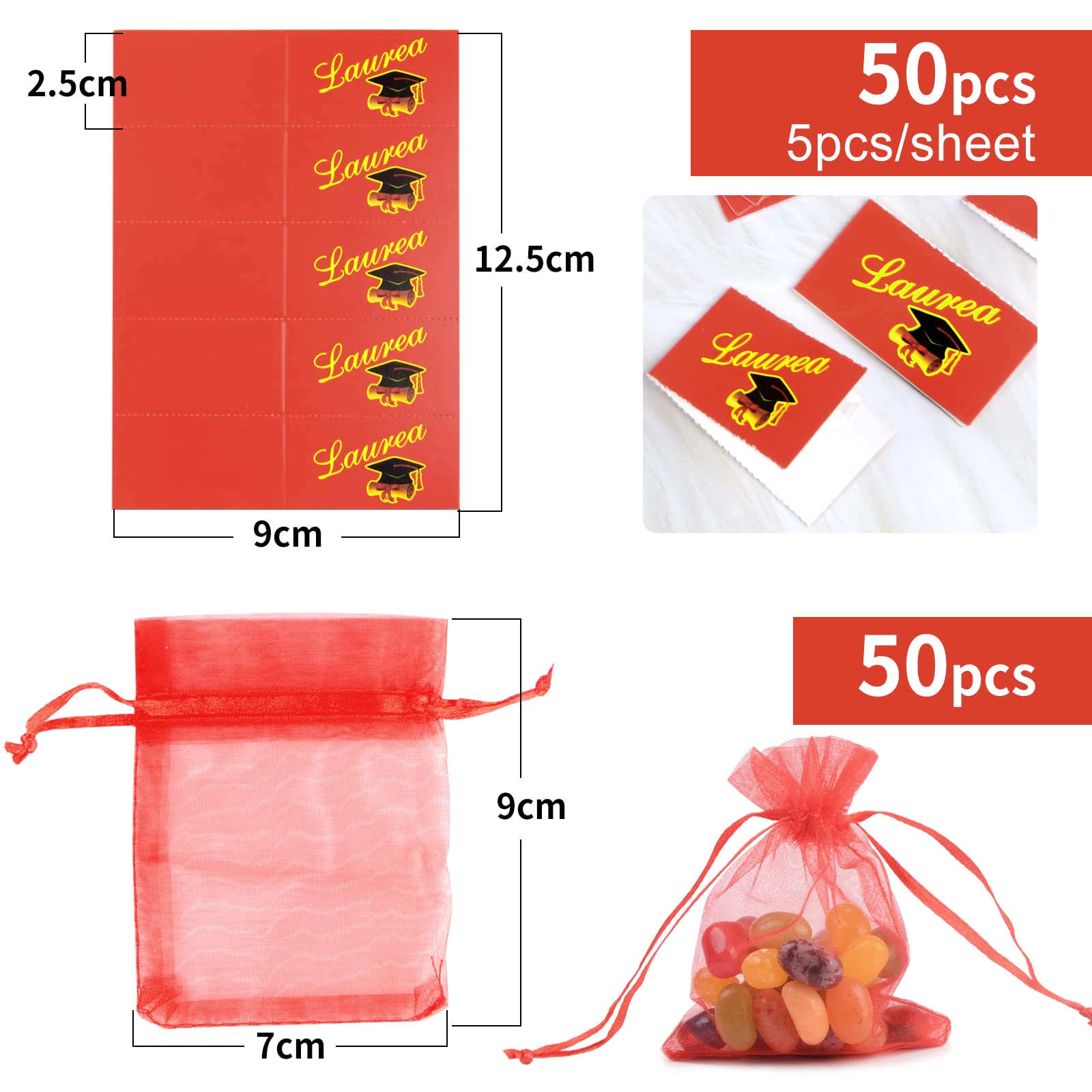 Kit Bomboniere Laurea - 50 Sacchetti Organza Rossi + Etichette + Bustine Trasparenti + Nastro - Foto 6