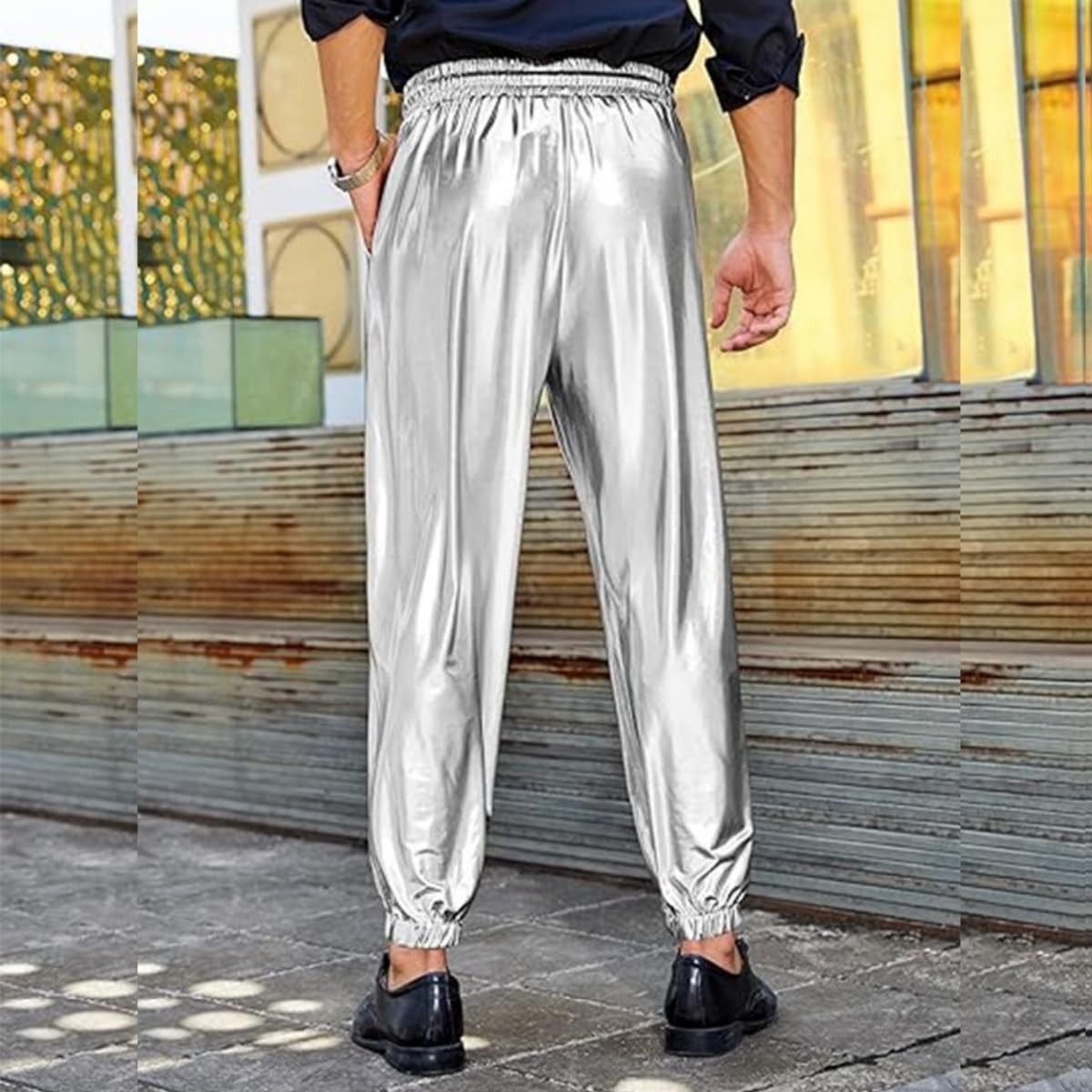 Herren Glänzende Hose, Metallic Kordelzug Taille Disco Hose mit Taschen, Mid Waist Kunstleder Hologramm Hip Hop Tanzhose Elastische Volle Länge Wetlook Hose für Nachtclub Party Festival