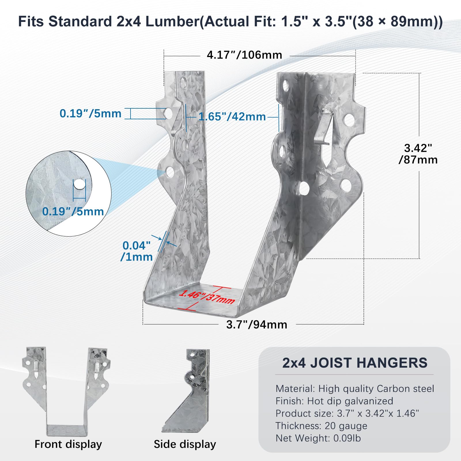 LukLoy 10 Pack 2x4 Joist Hanger 20 Gauge Galvanizing Face Mount Joist Hangers for Wood
