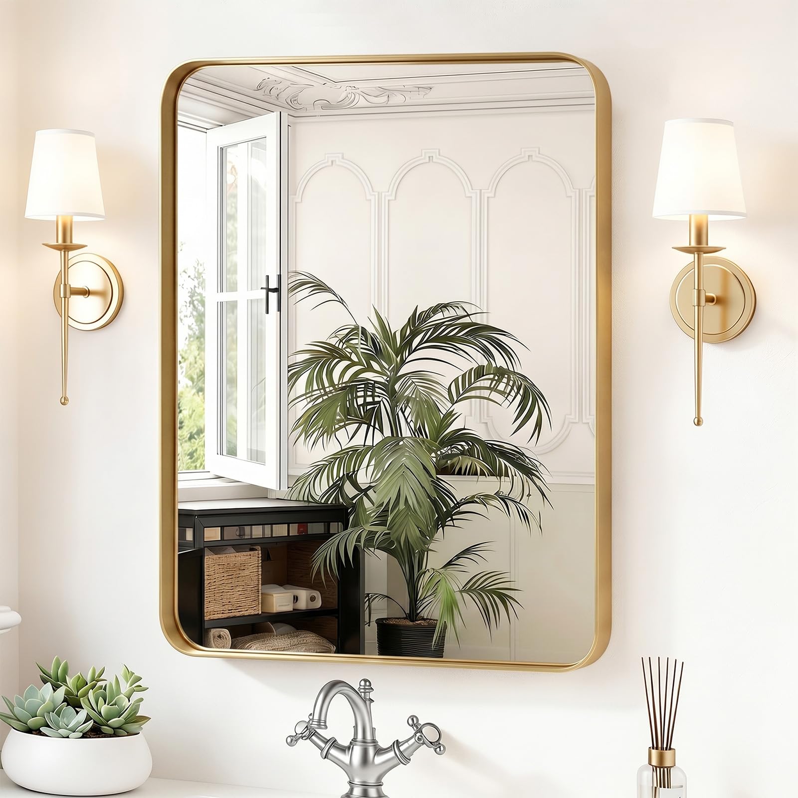 Sweetcrispy Bathroom Wall Mirror, 32x24 Inch Mirror for Over Sink, Gold