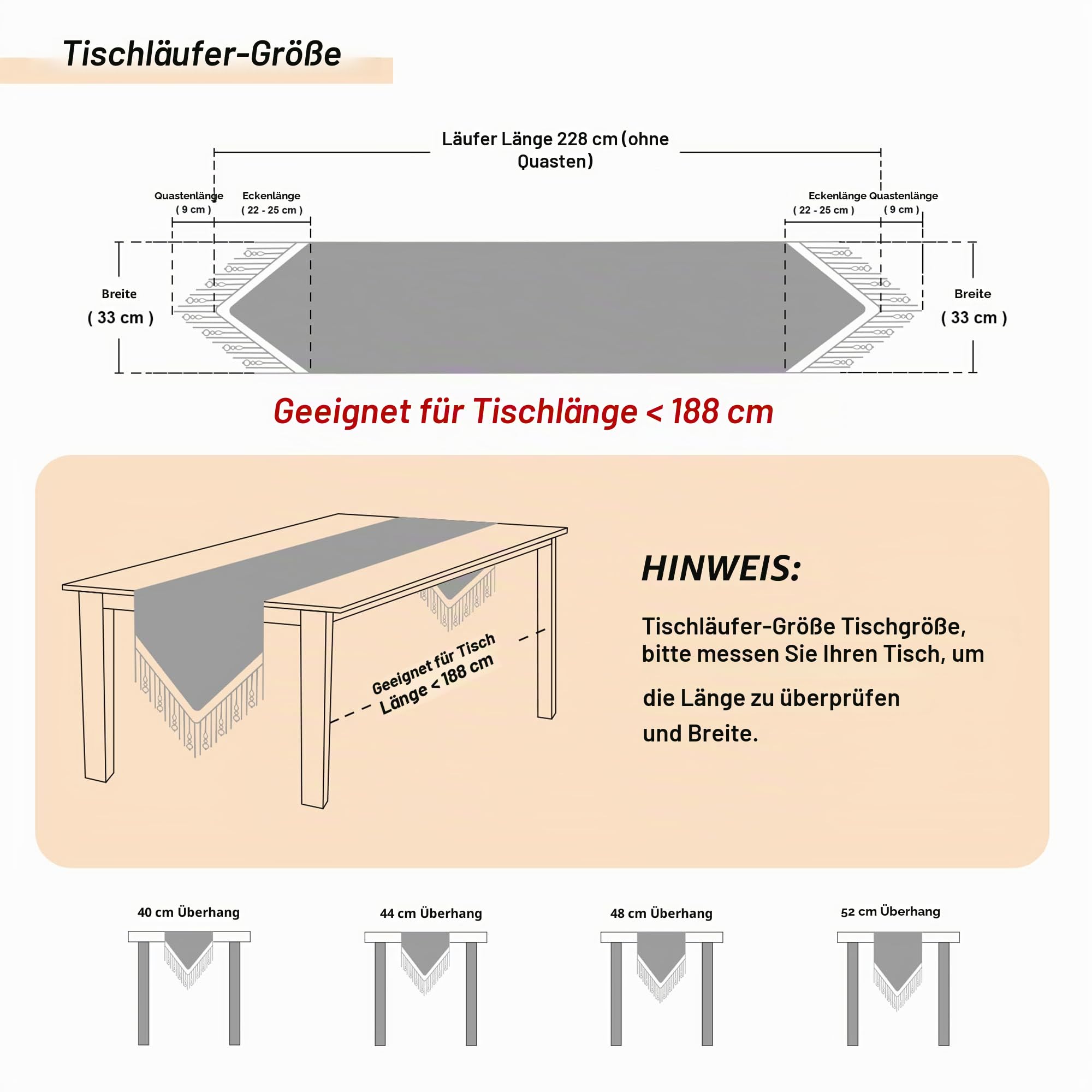 Tischläufer mit Quasten, Jacquard Tischdecke für Esstisch Urlaub Party Wohnzimmer Dekoration (33x228cm, Burgund)