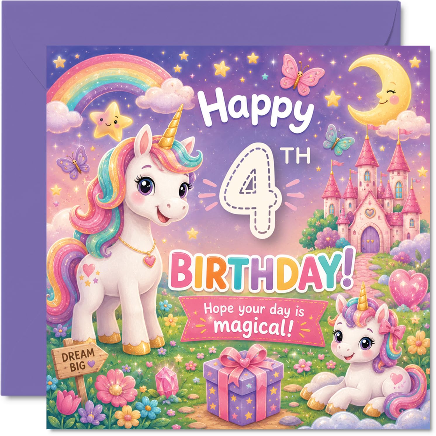 Cute 4th Birthday Card - Magical Wishes for a Sparkling Celebration - Pastel Unicorns, Rainbow and Fairy-tale Castle - 145mm Square, Envelope Included