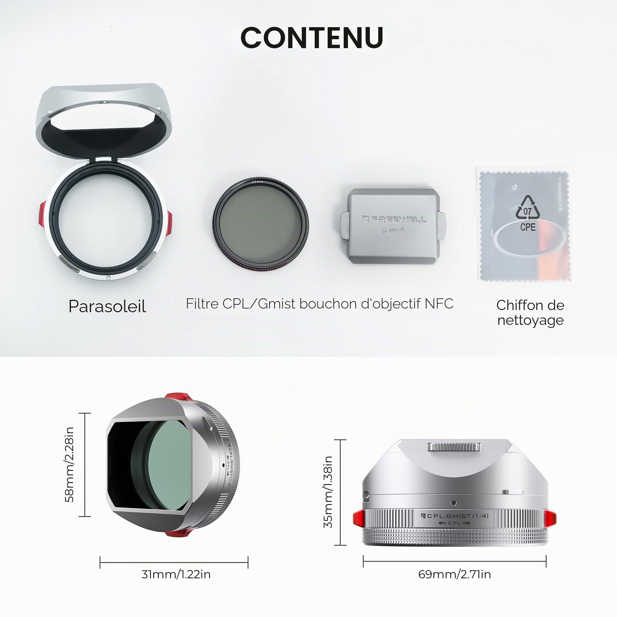 Freewell The Real Lens Hood CPL/Mist Filtre Hybride pour Fuji X100VI/X100V | Flip sans contact. Compatible avec Fuji X100VI, X100V et série X100. Argent
