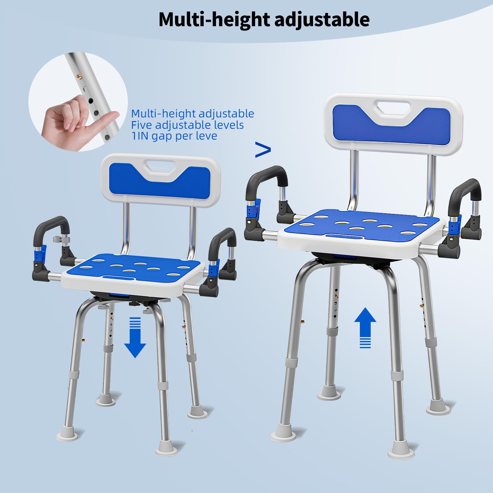 Silla de ducha giratoria resistente de 500 libras para personas mayores, ancianos, discapacitados o adultos bariátricos con brazos y asiento trasero para ducha interior y asiento de bañera de baño,
