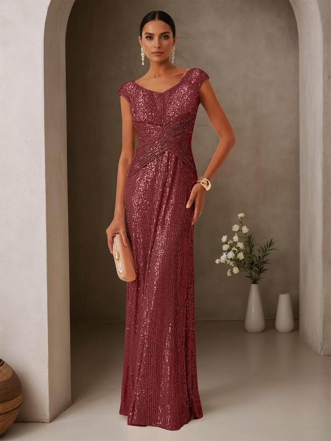 RYANTH Sparkly Sequin Mother of The Bride Dresses for Women Cap Sleeve Prom Dress Ruched Formal Evening Gowns - Image 6