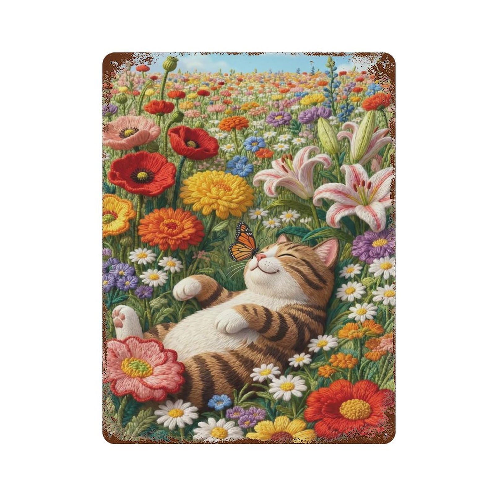 Cat Nap in Flower Field Rustic Tin Plaque 15.7"x11.8", Classic Wall Plaque for Garage, Pub Or Kitchen