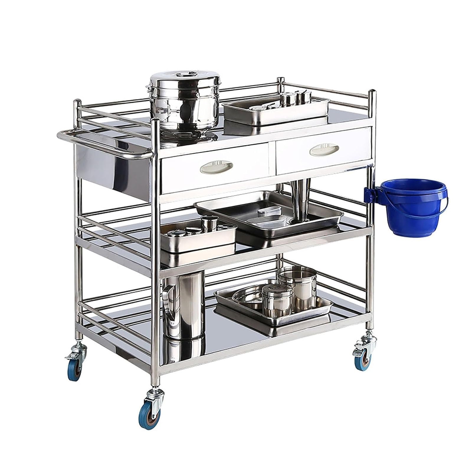Carro médico, Carro de Laboratorio con Ruedas de Acero Inoxidable de Tres estantes, con Ruedas silenciosas bloqueables de 360° y cajón, Ideal para Laboratorios, clínicas dentales(66 * 44 * 86cm)