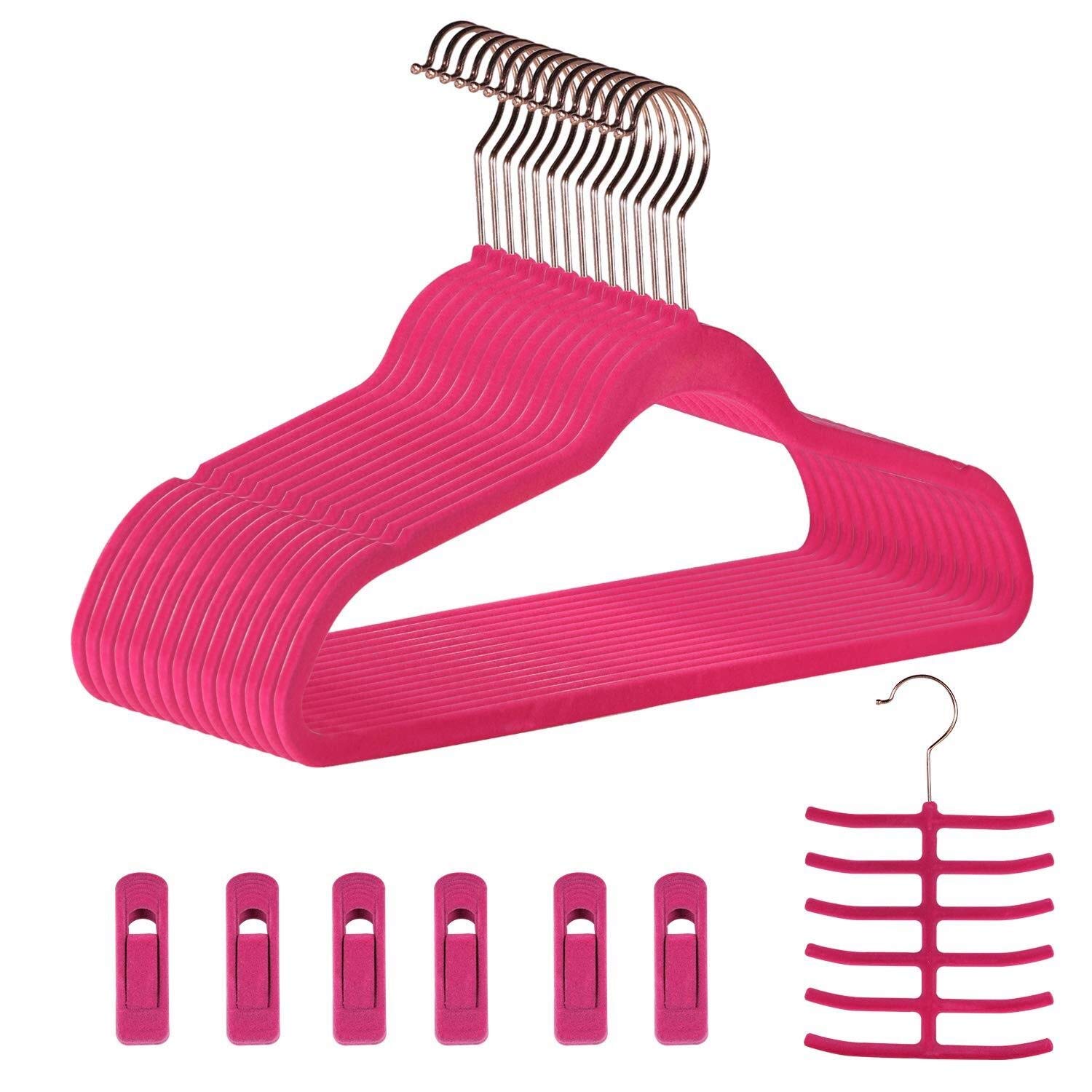 Zzaoxin Clothes hangers Dantly Premium Velvet Suit Heavy Duty-Non Slip & Space-Saving Clothes Hangers with 6 Finger Clips and Tie Rack for Men and Women (30 Pack), Pink