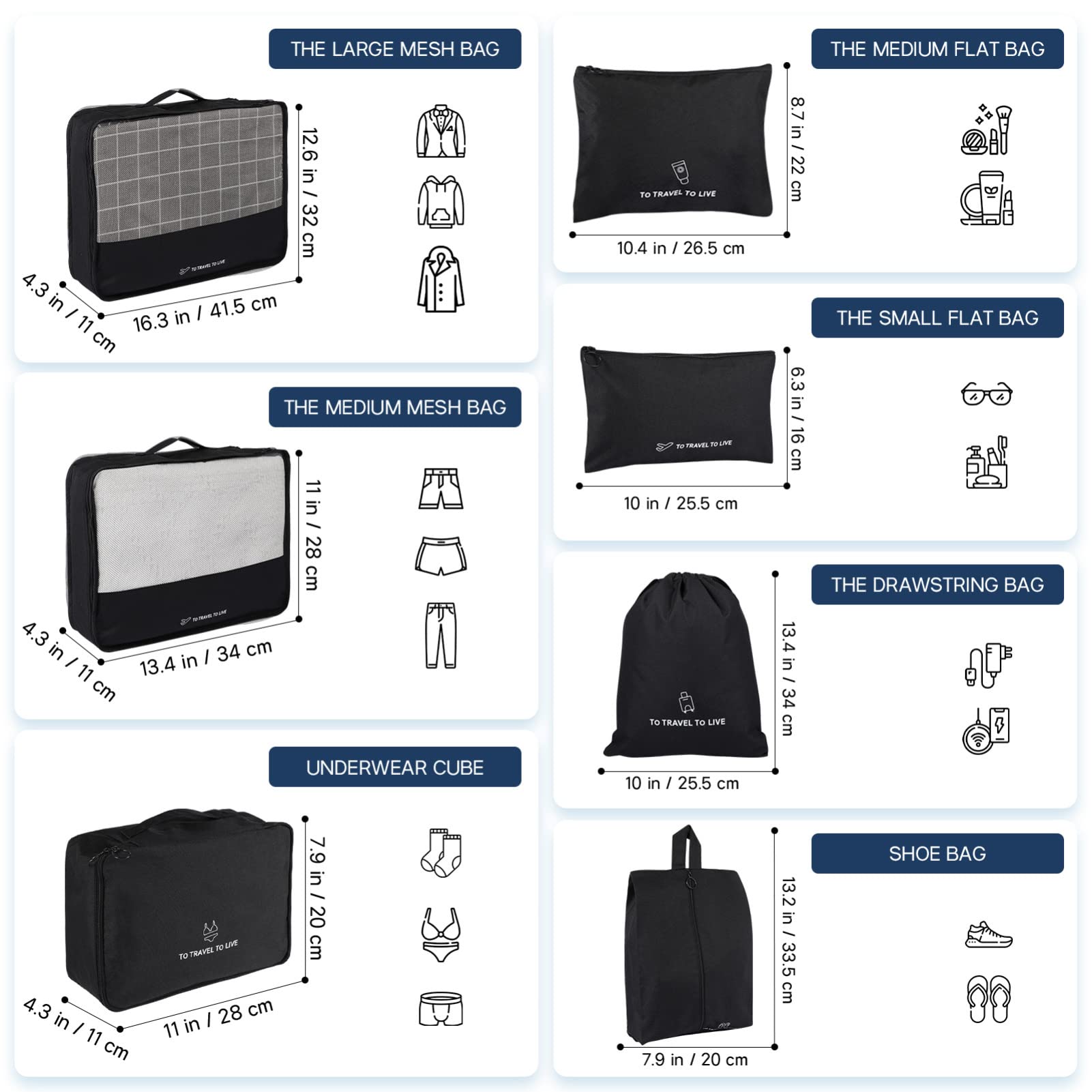 Holibanna 7pezzi Organizer Da Viaggio Cubi Pieghevoli Impermeabili Per Abbigliamento e Accessori Da Valigia Sacchetti Salvaspazio Nero Per Vacanze e Viaggi Affari