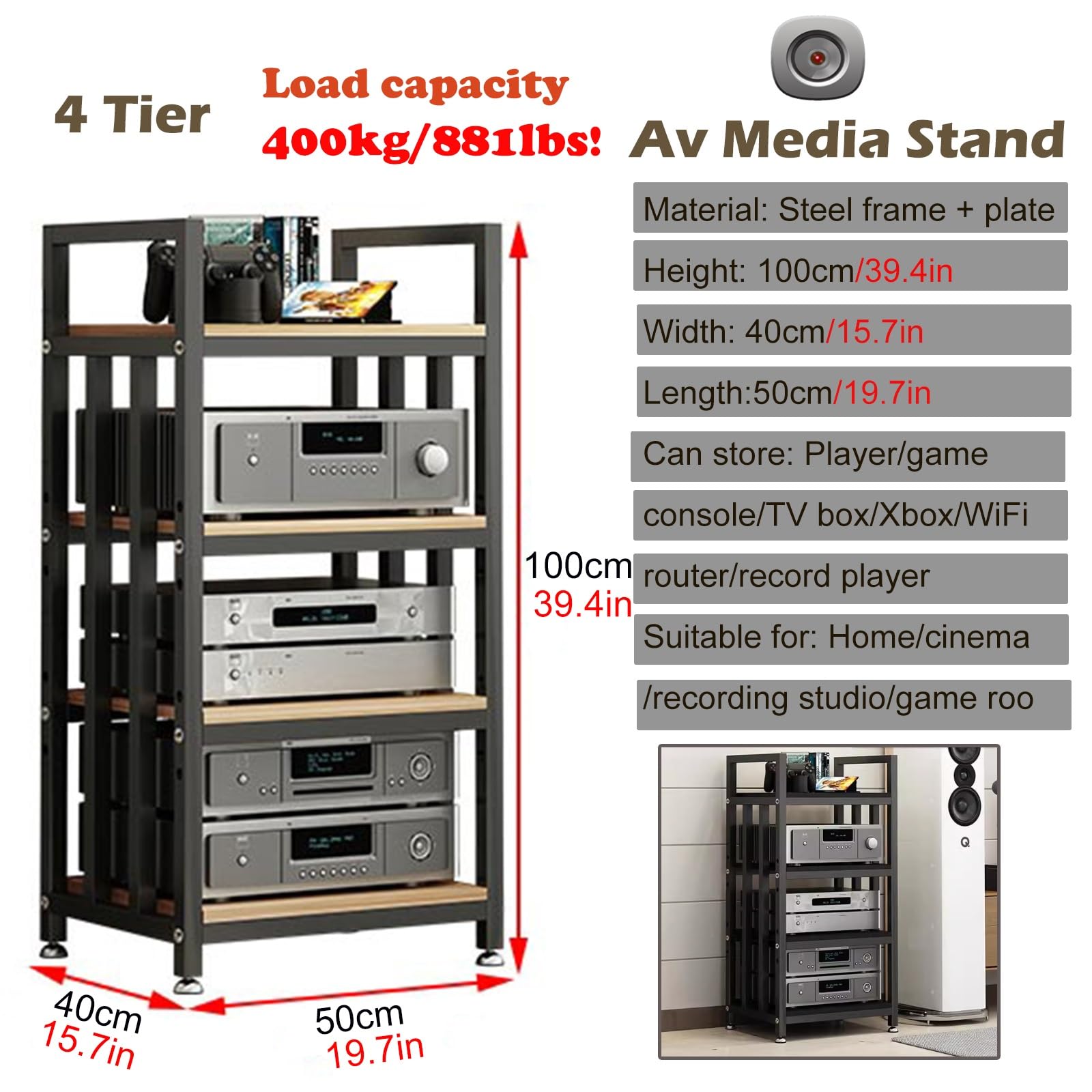 Soporte estéreo de suelo negro HiFi – Soporte de componentes de audio y vídeo ajustable de 100 cm de altura elegante estante de madera para el hogar y la oficina, perfecto para la nización del sistema