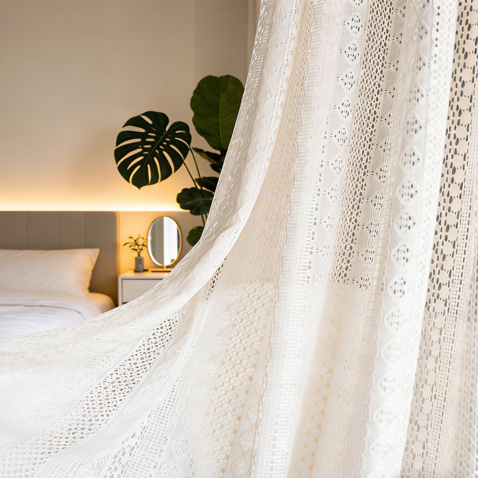 Lot de 2 rideaux bohèmes au crochet en coton style rustique vintage avec pompon, 150 x 160 cm, beige, pour salon, chambre à coucher, extérieur (beige-1)