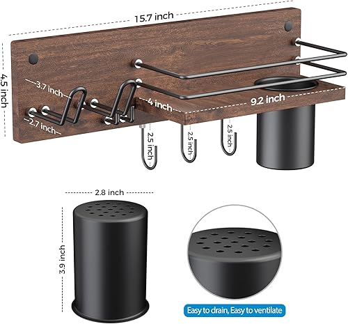 Miniatura 3 de Soporte de madera para secador de pelo montado en la pared, organizador de herramientas de pelo de baño, estante de soporte para secador, rizador y