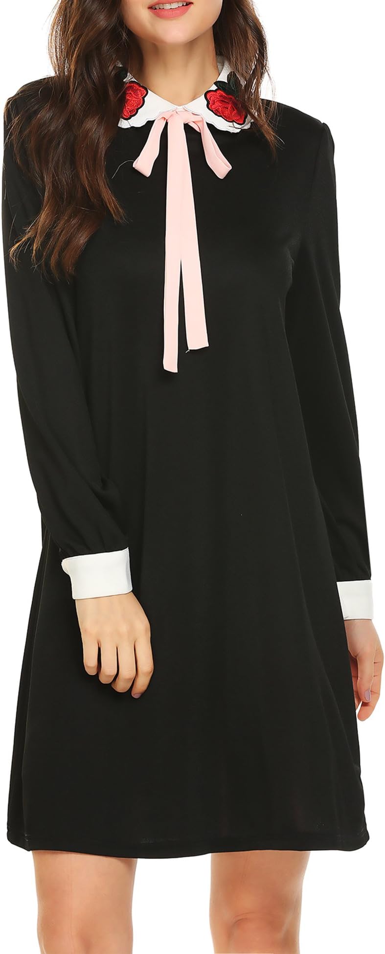 bubblebelle Women's Bow Tie Long Sleeve Rose Embroidery Peter Pan Collar Flare Dress