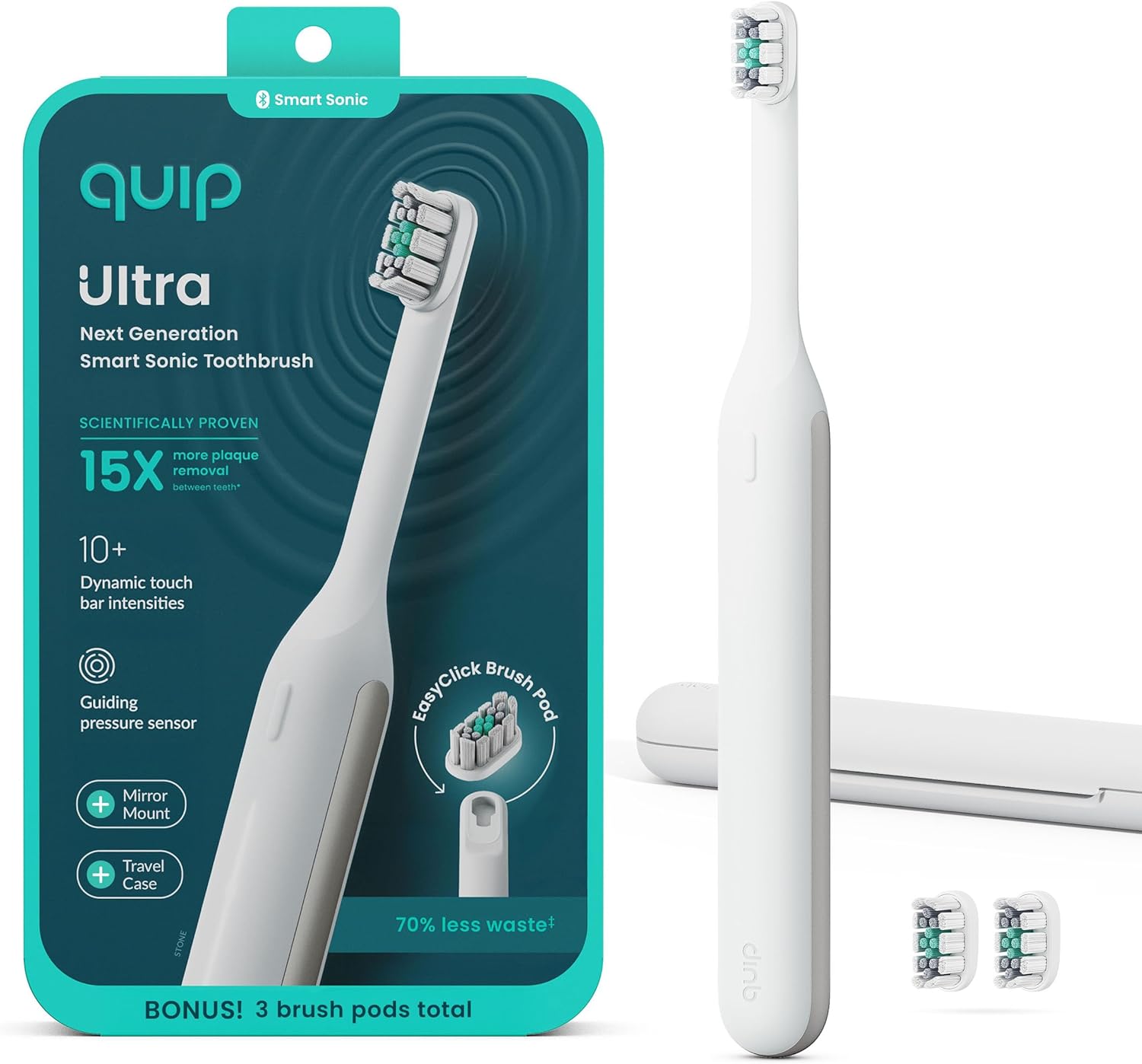 Quip Ultra Next Generation Smart Toothbrush - Timed Electric Toothbrush with Case - Replaceable Brush Head, Soft Bristles, Silicone Handle, 30-Day Battery Life - Travel Toothbrush - Stone Stone White - Image 1 of 9
