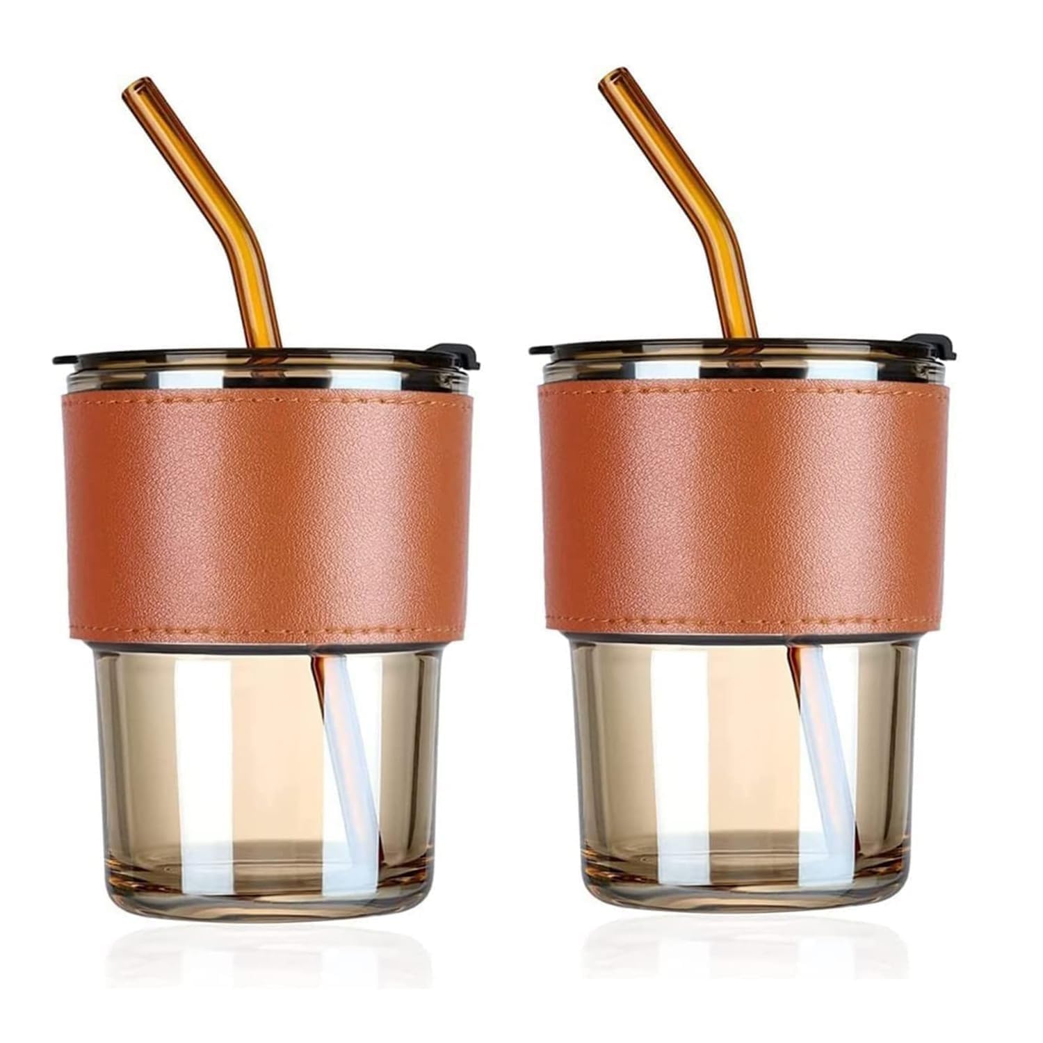 Denfy Glass Coffee Sipper Mug with Leather Sleeve Clear Drinking Glasses Tumblers with Straws and Lids for Iced Tea, Juice, Cocktail, Smoothies Cold & Hot Drink Cups(Pack of 2, 435 ml) (B0CXXJ862C) Amazon Price History, Amazon Price Tracker