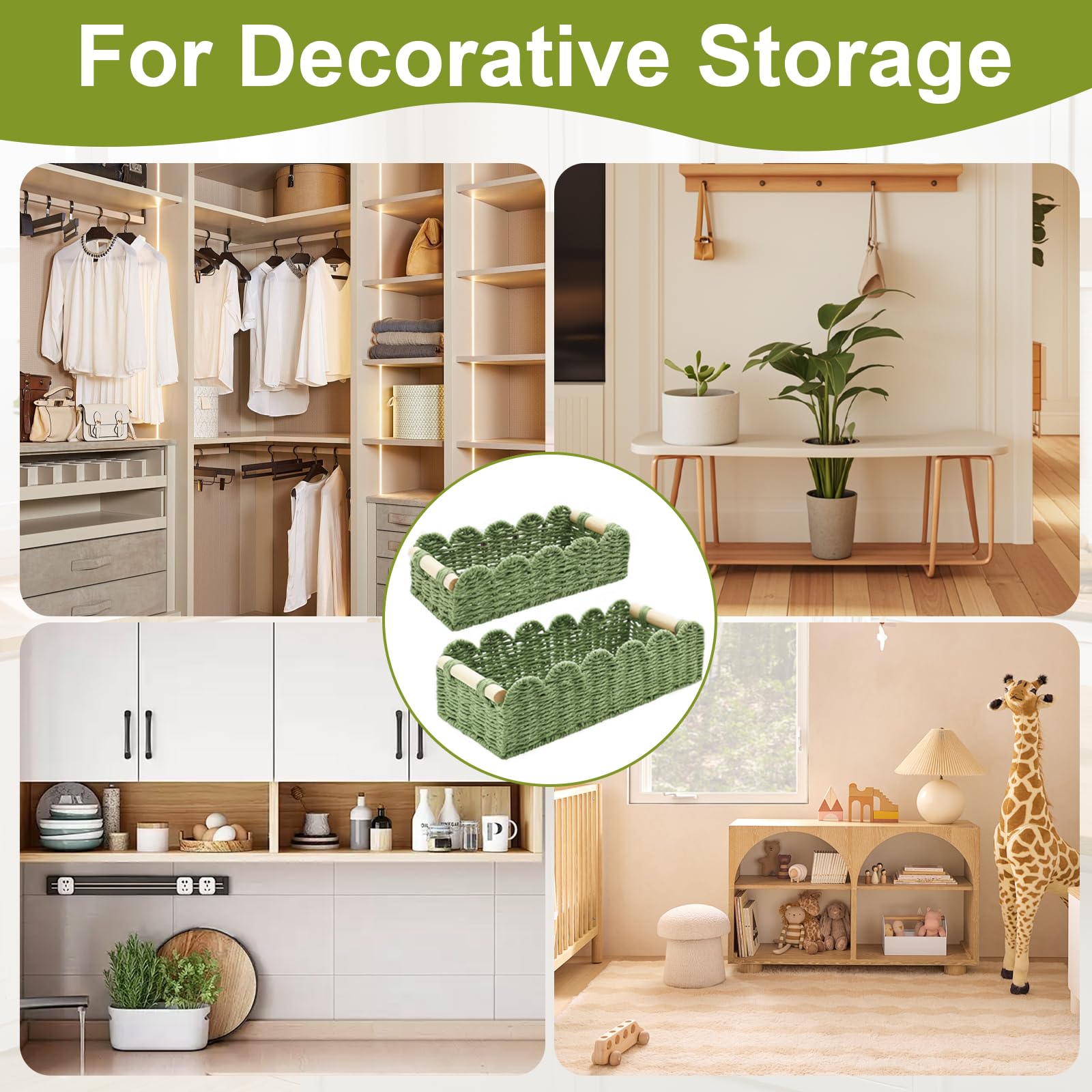 Set di 2 Cestino Portaoggetti, Cesto Vimini Portaoggetti Intrecciato con Maniglia,Organizer Bagno, Impilabile Cestini Stoccaggio Organizer Fasciatoio per Cameretta Salotto Bagno (Verde)