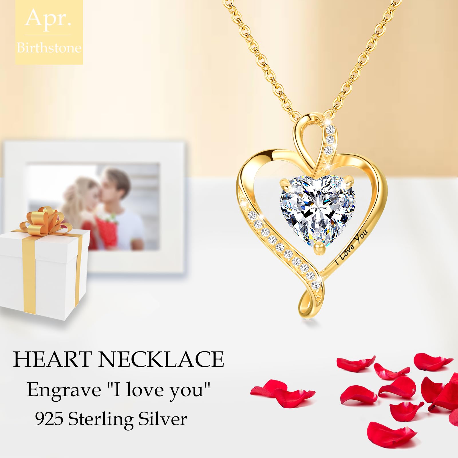LAVUMO Collares Mujer Colgante Corazón Grabado I Love You Collar Auténtica Plata de Ley 925/Latón Infinito con Piedras de Nacimiento Regalo para Mujer Novia Aniversario Cumpleaños