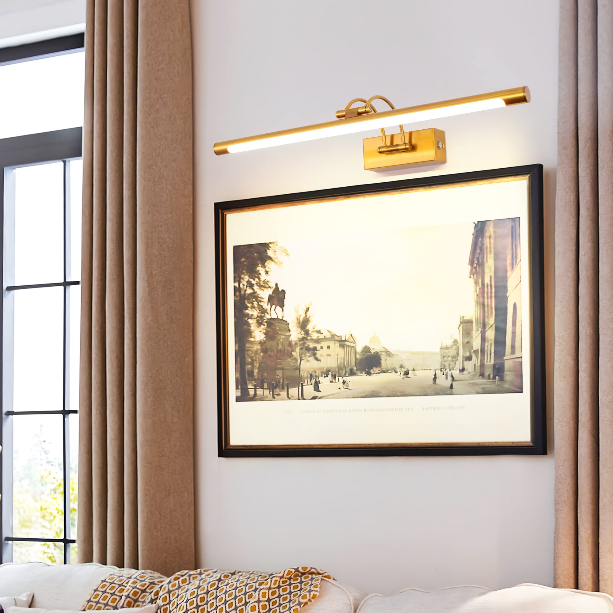 MantoLite Lámpara de Pared LED Regulable 15W, 60CM Interior Iluminación para Cuadros y Expositores, Cabeza Giratoria, Lectura, Latón Mate, Baño Espejo Apliques de Pared 3000K/4000K/6000K