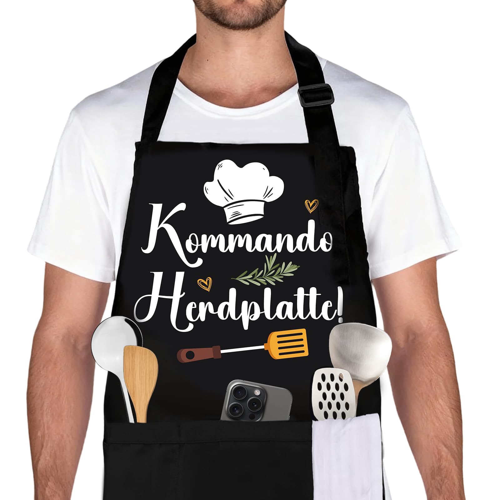 Belillpipi Kochschürze Männer Damen Schwarz, Verstellbare Kochschürze Damen mit 3 Taschen, Grillschürze Geschenke Schürze für Frauen Mann Geburtstag, Muttertag, Vatertag, Weihnachten