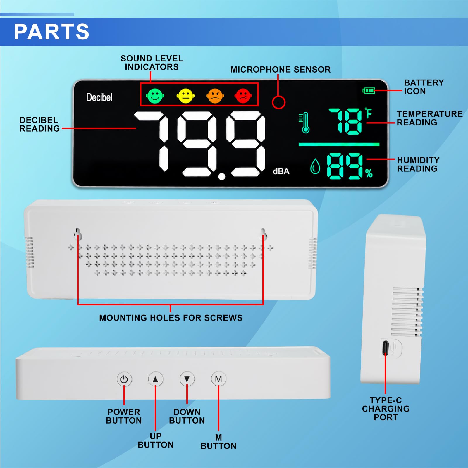 Medidor de decibelios con Registro de Datos, Probador de Sonido 11", Pantalla de pared para ruido, Temperatura y Humedad, Alarma sonora e íconos, Duarda 4,000 puntos de datos, para aula y estudio