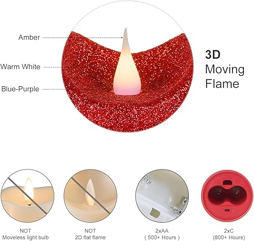 Miniatura 3 de Paquete de 3 velas LED de llama móvil 3D con purpurina roja, control remoto de 10 teclas, vela sin llama con temporizador, decoración del hogar,