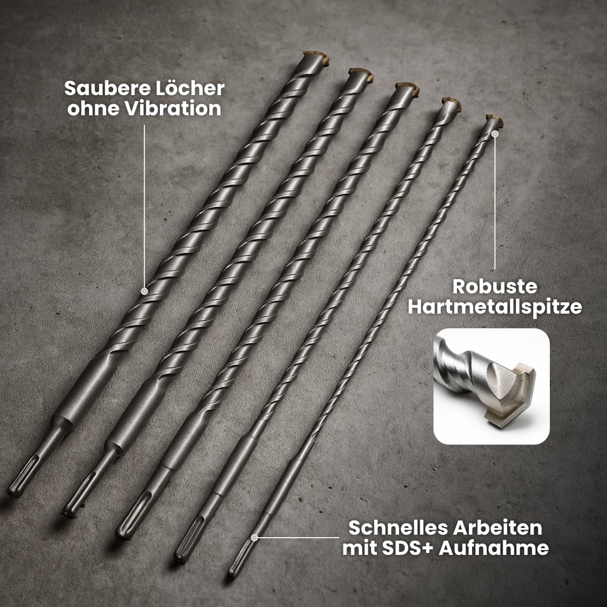 WALTER SDS+ Steinbohrer Set 5-tlg. | Extra lange Betonbohrer Ø 10-25 mm | 450 mm Arbeitslänge | Passend für alle SDS Plus Bohrfutter | Hartmetall, langlebig & kraftvoll
