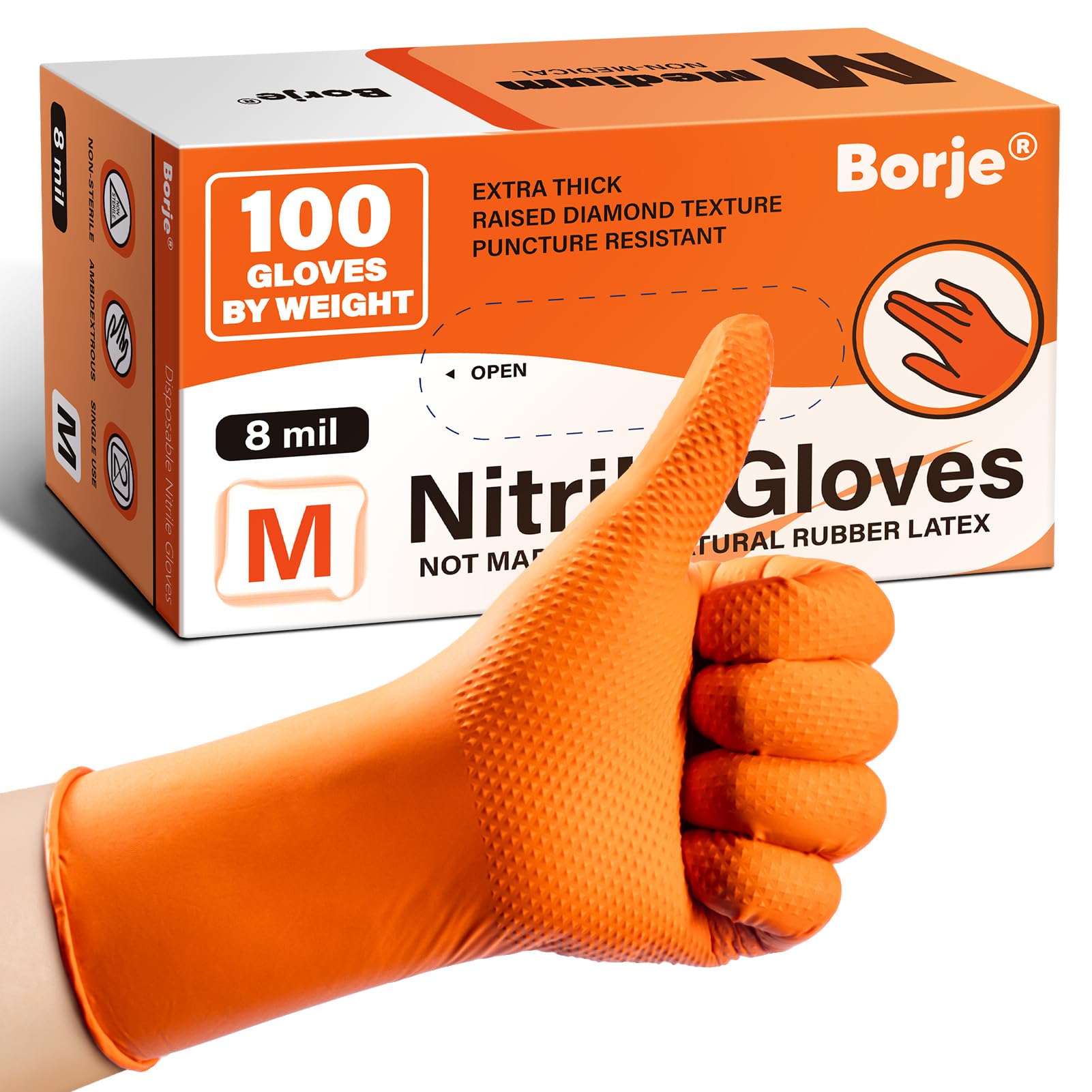 Borje Orange 8 Mil Nitrile Disposable Gloves, Heavy-Duty Mechanic Gloves, 100 Count, Medium, Latex & Powder Free with Raised Diamond Texture,